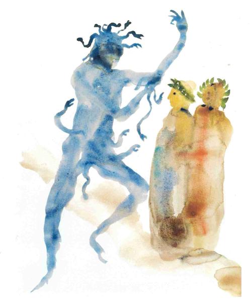 Miquel Barceló, ADAGP, 2021. Dessin pour La divine comédie de Dante, volume I: L'Enfer, 2001. Aquarelle sur papier, 55 x 40 cm.   Photo courtesy Galaxia Gutenberg, S.L., 2021. 