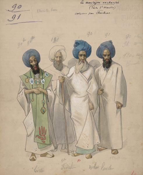 Alfred Choubrac, [Costumes pour quatre personnages orientaux, choristes], vers 1897, dessin, bibliothèque de l'INHA, OD 1 (1). Cliché INHA