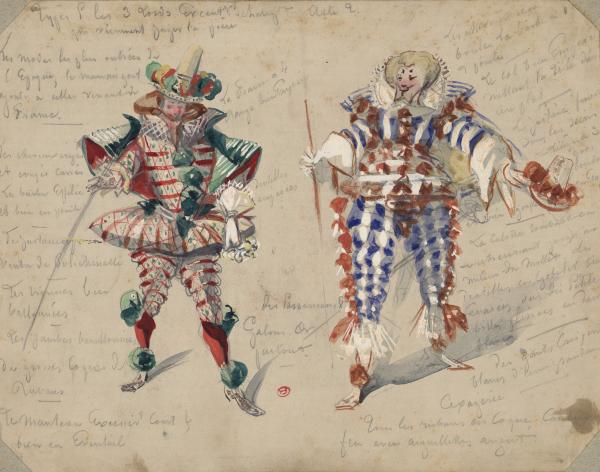 Hippolyte-Omer Ballue, [Costumes de 2 personnages, Types pour les 3 Lords excentriques], vers 1860, dessin, bibliothèque de l'INHA, OD 2 (8). Cliché INHA