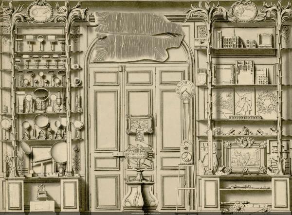 Jean-Baptiste Courtonne, Cabinet de physique et de mécanique de monsieur Bonnier de la Mosson (détail), 1739-1740, plume et encre sur papier. Paris, bibliothèque de l’INHA, OA 720(8). Cliché INHA.