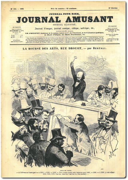 Bertall, La Bourse des Arts rue Drouot, Journal Amusant, 27 fevrier 1858, gallica.bnf.fr / Bibliothèque nationale de France