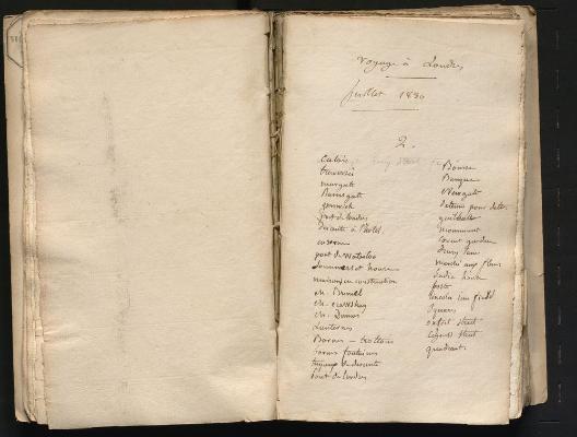 Charles Rohault de Fleury, liste des lieux visités le deuxième jour de son voyage, dans le manuscrit " Voyage à Londres. Juillet 1830". Paris, bibliothèque de l’INHA, collections Jacques-Doucet, Ms 806. Cliché INHA.