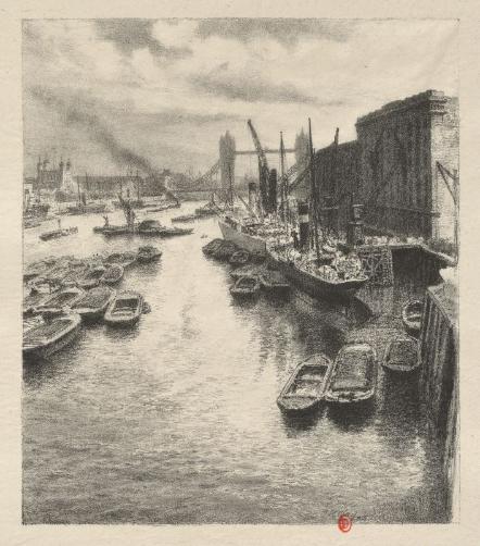 Thomas Robert Way, The Upper Pool from London Bridge, lithographie, dans The Thames from Chelsea to the Nore, 1907, pl. IX, bibliothèque de l'INHA, Fol Est 636. Cliché INHA