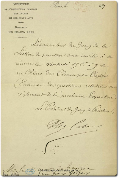 Alexandre Cabanel, Note d'Alexandre Cabanel au comte de Tauzia, bibliothèque de l'INHA,  BCMN, Ms 273 (05). Cliché INHA