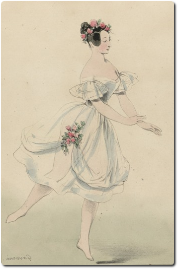 Gavarni, Costume de Mademoiselle Taglioni, rôle de Fleur des champs (La Fille du Danube), lithographie, [1836], Bibliothèque de l'INHA, collections Jacques Doucet, OD 139. Cliché INHA
