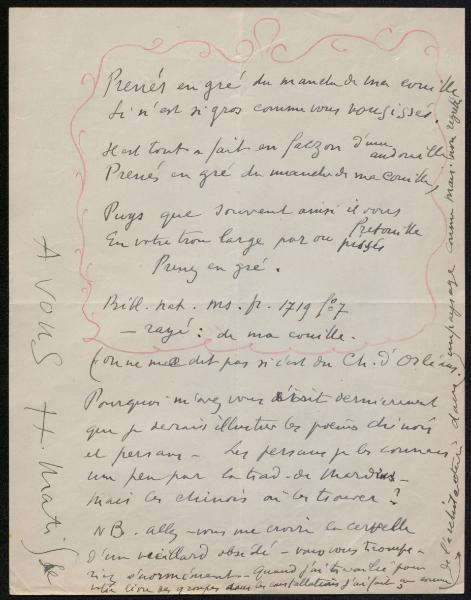 Lettre d'Henri Matisse à Henry de Montherlant, juillet 1943, encre et crayon de couleur sur papier. Paris, bibliothèque de l'INHA, Autographes 216,7. Cliché INHA.