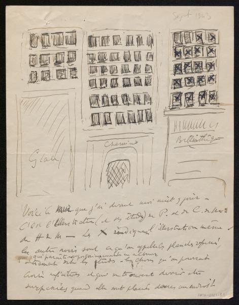 "Voici le mur que j'ai devant moi nuit et jour", lettre d'Henri Matisse à Henry de Montherlant, 15 septembre 1943, encre sur papier. Paris, bibliothèque de l'INHA, Autographes 216,9. Cliché INHA.