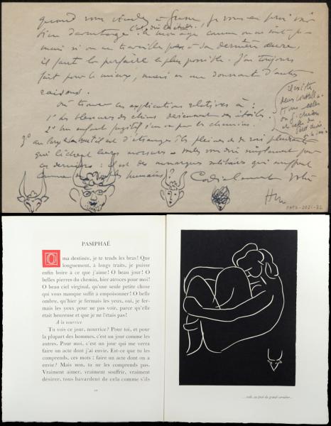 En haut : lettre d'Henri Matisse à Henry de Montherlant, 18 avril 1943, bibliothèque de l'INHA, Autographes 216,8 (cliché INHA). En bas : Henry de Montherlant/Henri Matisse, Pasiphaé, chant de Minos (les Crétois), Paris, Martin Fabiani, impression texte et gravures Féquet et Baudier, Paris, 1944, 34x26 cm, p. 58-59, BLJD, G III 3 (1) (cliché BLJD). Droits réservés succession Henri Matisse.