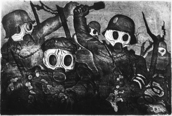 Otto Dix, Sturmtruppe geht unter Gas vor, 1924, gravure aquatinte, 35,3 X 47,5 cm, Deutsches Historisches Museum, Berlin
