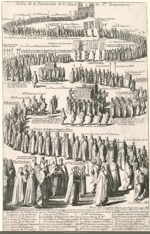 Nicolas Cochin, Ordre de la procession de la châsse de sainte Geneviève, burin, vers 1675, bibliothèque de l'INHA, OC 54. Cliché INHA
