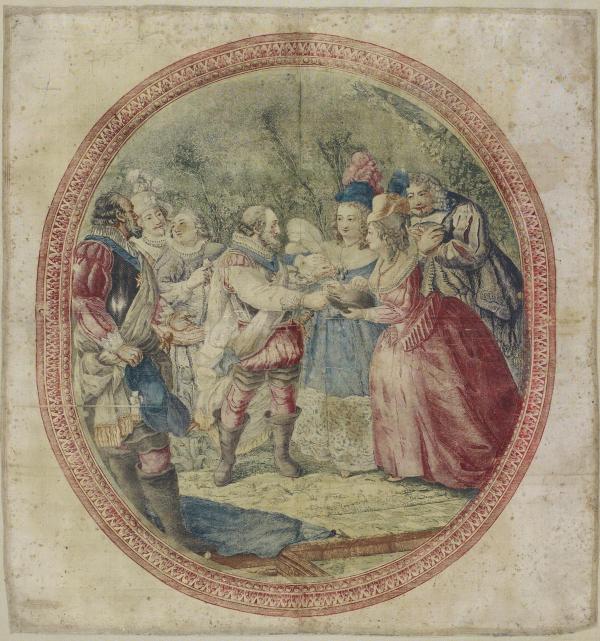 Jean-Baptiste Gautier Dagoty, Henri IV chez Roger, impression en couleurs sur soie