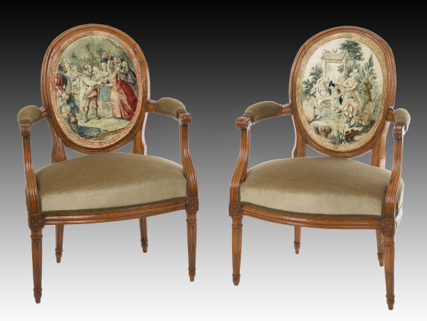 J.-B.-A. Dagoty, Scènes de la vie d’Henri IV, [1782], restitution de montage sur des fauteuils Louis XVI
