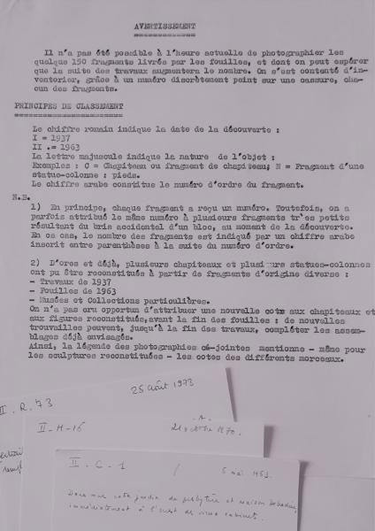 Numérotation des fragments : fiches chronologiques (Archives 144/10-11) et note de Léon Pressouyre. Paris, bibliothèque de l’INHA, Archives 144/16/6. Cliché INHA.