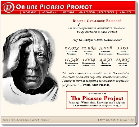 Page d'accueil du catalogue Online Picasso Project. @Enrique Mallen.