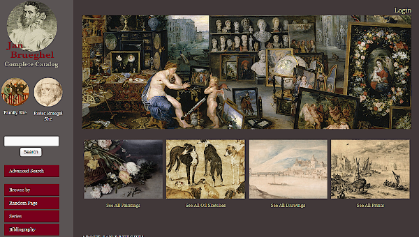 Page d'accueil du catalogue Jan Brueghel Complete Catalog. @Université de Californie.