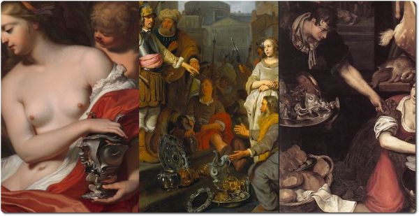 [Détails d'autres toiles présentant l'aiguière de van Vianen : Barend Graat, Pandora (1676) - Gerbrand van den Eeckhout, La Clémence de Scipion(1650-1655) - Adriaen van Nieulandt, Scène de cuisine (1616) - Rijksmuseum, Amsterdam]