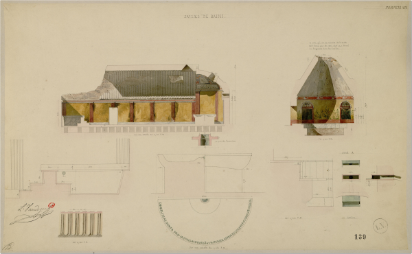 Léon Vaudoyer, Salles de bains, Pompéia, 1828, crayon, encre et aquarelle sur papier, bibliothèque de l'INHA, OA 718 (095). Cliché INHA